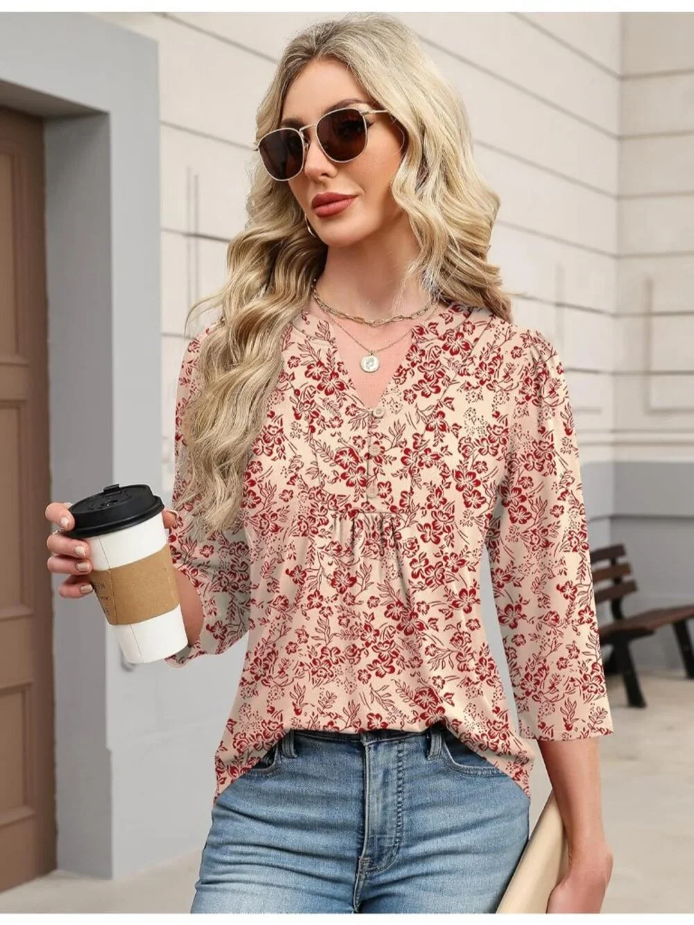 Women's Apricot Red Long Sleeve Casual Henley V-Neck Floral T-Shirts Loose Fit - Picture 4 of 5